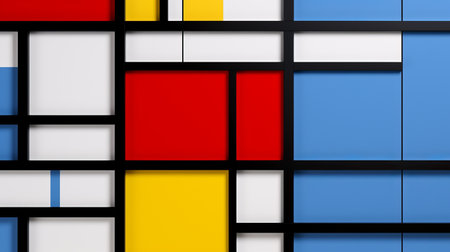 the artist is sitting in front of a massive mosaic featuring vibrant red, blue, yellow, and green spaces. the mosaic follows the style of de stijl, showcasing abstract minimalism. the artwork is a testament to the artist's appreciation for voxel art and their use of glass as a material. the piece has been digitally enhanced, highlighting its modular design and paying homage to piet mondrian.の素材