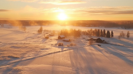 winter sunrise over a snow-covered landscape, captured in stunning 32k uhd resolution. this aerial photograph showcases the beauty of rural life, with its light yellow and white hues creating a romanticized depiction of a villagecore setting. the aurorapunk vibes add a touch of enchantment to this breathtaking winter scene. ai generatedの素材