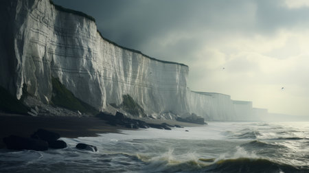a photo of a white cliff by neil green 0, showcasing photorealistic renderings in a moody and atmospheric style. the uhd image captures the historical illustration of mystical creatures and landscapes, set against the backdrop of the english countryside. the use of kodak ektar film enhances the vibrant colors and details of the cliffs, waves, and water. ai generatedの素材