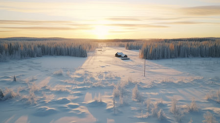the countryside unfolds beneath the plane, showcasing vast fields covered in snow. this picturesque scene, reminiscent of tyko sallinen's rural life paintings, is captured in the stunning style of unreal engine 5. bathed in a golden light, the 32k uhd image reveals a serene landscape, with hues of white and pink adding a touch of ethereal beauty. this award-winning photograph encapsulates the charm of ruralの素材