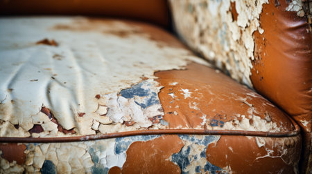 peeling yellowing vinyl chair with distressed and weathered surfaces, showcasing a combination of light navy and brown hues. rusty debris adds to the overall vintage aesthetic. captured using a hasselblad h6d-400c camera, the soft-focus technique enhances the light white and dark orange tones. the composition is complemented by hints of light teal and light beige. ai generatedの素材