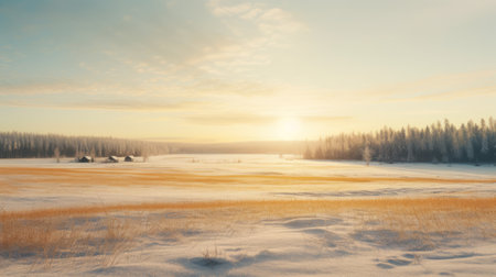 an empty field with snow-covered pine trees, creating a serene and romantic riverscape. the light yellow and light amber hues add a touch of warmth to the scene, reminiscent of rural life and the captivating landscapes captured by renowned photographer, mehl amundsen. this national geographic photo, edited in cryengine, showcases the beauty of nature in a harmonious blend of light cyan and orange tones. aiの素材