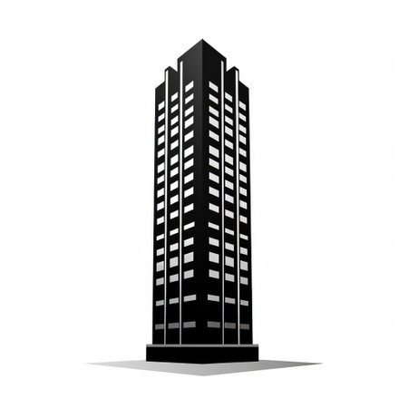 building silhouette on white background in noir comic art style. sleek, stylized, and starkly realistic, with dark silver and black tones. sharp angles and clean lines create an iconographic symbolism. streamlined and visually striking. ai generatedの素材