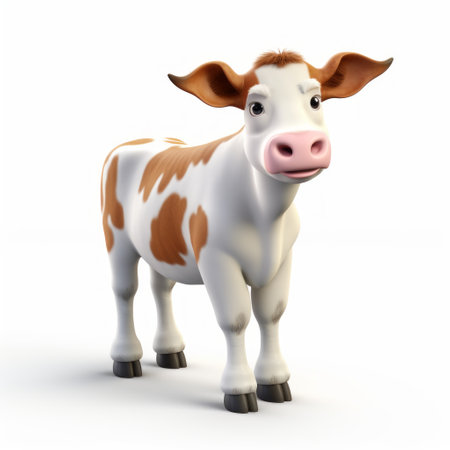 a cartoon cow, in the style of photo-realistic techniques by david nordahl, is depicted standing on a white background. the cow is creatively rendered with light orange and bronze tones, showcasing smooth surfaces and delicate markings. this captivating image, captured at iso 200, showcases the artist's attention to detail and skillful execution. ai generatedの素材