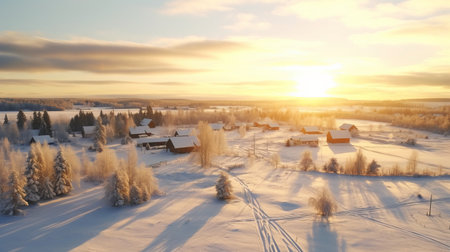 aerial view of a small rural village nestled amidst snowy mountains, capturing the essence of win aaltonen's style. the image showcases lens flares and a classical, historical genre scene, bathed in a golden light. with a resolution of 32k uhd, this photograph by alena aenami portrays grandiose environments. ai generatedの素材