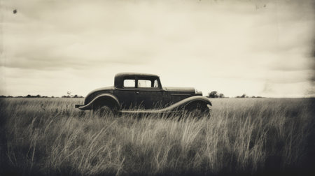 vintage car parked on lush grass under a cloudy sky, showcasing monochromatic depth and the prairiecore aesthetic. the rustic figurative style highlights the stark contrast between light and shadow, while the textural richness adds to the southern gothic vibe. the image exudes grit and grain, capturing the essence of a bygone era. ai generatedの素材