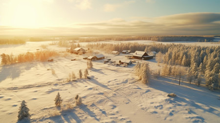 aerial view of a winter village, depicted in a 3d render with the style of tokina at-x 11-16mm f28 pro dx ii lens. the image showcases a picturesque rural life, with soft atmospheric scenes and a touch of lens flare. this stunning 32k uhd photo captures the beauty and tranquility of the winter season. ai generatedの素材