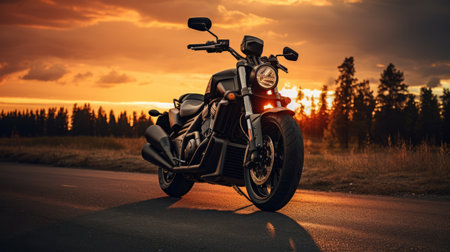 a motorcycle, with a performance-oriented design, is parked on the side of a road during sunset. the motorcycle features a sleek combination of light bronze and black colors, giving it a smooth and shiny appearance. with its refined technique and animal intensity, this 32k uhd image captures the essence of a cutripped machine ready to hit the road. ai generatedの素材