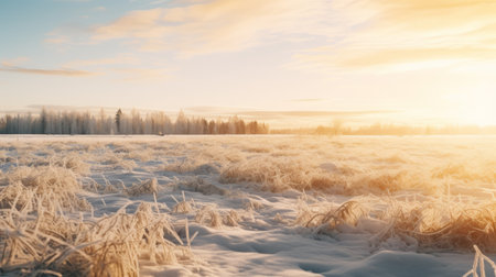 a serene winter landscape captured in a uhd image featuring grass, trees, and the sun. the light white and amber tones create a romantic atmosphere reminiscent of tyko sallinen's artwork. the composition, with hints of light magenta and sky-blue, evokes the serene pastoral scenes often seen in elsa bleda's photography. ai generatedの素材