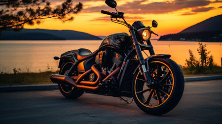 a motorcycle parked at sunset in front of a mountain lake. the dark gray and gold color scheme adds an edgy and sculpted feel to the scene. the strong diagonals of the motorcycle's design create a sense of strength and power. with its royalcore and iconic american style, this motorcycle, made of wrought iron, stands out as a striking symbol of freedom and adventure. aiの素材