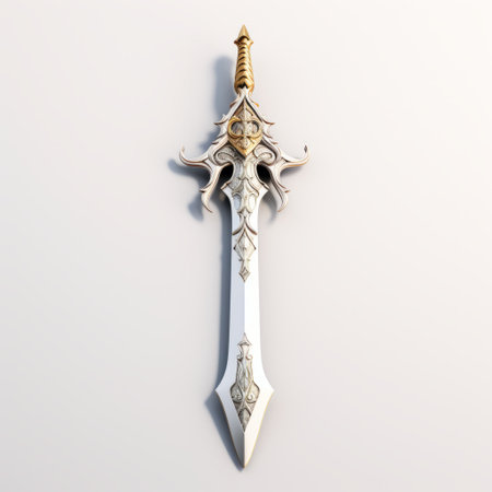 an eye-catching, photorealistic rendering of a white and gold elven sword with a large curved blade. this conceptual piece showcases intricate celestialpunk-inspired details and is rendered in an isometric perspective. crafted from aluminum, this sword is a stunning blend of fantasy and modern aesthetics. ai generatedの素材