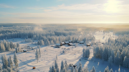winter landscape in the country captured in high definition aerial photography. this stunning image showcases the beauty of nature with a touch of cabincore aesthetic. the light white and light orange hues create a serene atmosphere. the photo also highlights the influence of indigenous culture and features the use of a sony alpha a7 iii camera. the composition evokes elements of soviet propaganda and theの素材