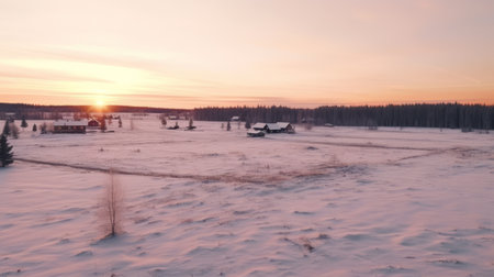 aerial footage of a winter scenery captured in a timelapse from a helicopter. the style of the photo is reminiscent of light pink and amber hues, evoking a nostalgic rural life depiction. shot with a fujifilm xf 56mm f1.2 r lens, the richly colored skies and emotive fields of color resemble the 20th-century scandinavian style. the photo exudes a sense of tranquility and beauty. aiの素材
