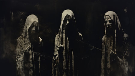 three people in robes stand in front of a window in this black and white photo. the dark chiaroscuro style, hellish background, and concrete art create a haunting atmosphere. the monumental figures and spray-paint based technique add a sense of grandeur. inspired by horror, this calotype image merges various elements to evoke a chilling aesthetic. ai generatedの素材