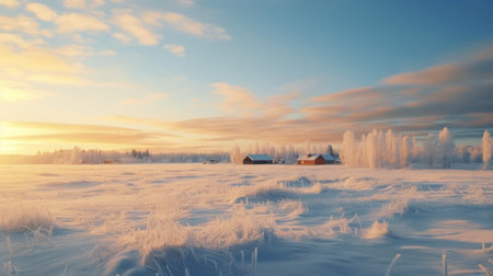 a winter landscape featuring a wooden cottage, painted in light red and light cyan hues. this 32k uhd photograph by einar hkonarson captures the golden light of rural life scenes. the composition, created by even mehl amundsen, showcases spectacular backdrops. ai generatedの素材