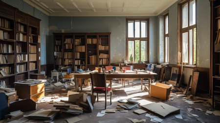the photo showcases a room with chaotic academia-inspired blue walls. the space is filled with disintegrated books and portfolios, featuring historic subject matter. the light brown and light amber tones add warmth to the atmosphere. the room's design draws inspiration from the deutscher werkbund movement and historical fiction. ai generatedの素材