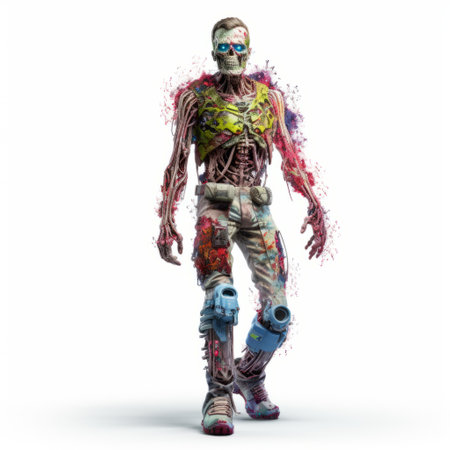 a zombie with paint and spores emanating, showcasing a futuristic cyberpunk aesthetic. this contemporary candy-coated portrait captures the full body of the zombie, with photographically detailed features. the disfigured forms and mottled appearance add to the eerie allure of this xbox 360 graphics-inspired image. ai generatedの素材