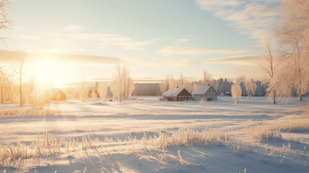 a snowy villagecore scene featuring a farmhouse and an old tree bathed in the warm sunlight. the 32k uhd image showcases the beautiful light cyan and amber hues, as well as the light white and light red tones. with a warm tonal range and spectacular backdrops, this photo captures the essence of the helsinki school aesthetic. ai generatedの素材