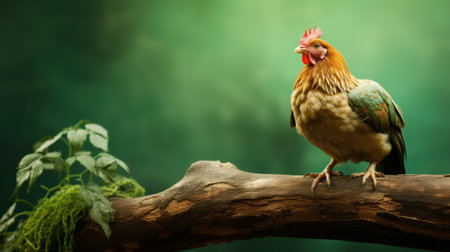 a red and brown chicken perched on a tree branch, captured in the narrative-driven visual storytelling style of frieke janssens. the image showcases a combination of light emerald and light brown tones, presented in stunning 8k resolution. digitally enhanced by chuah thean teng, this captivating photograph is a contest winner. ai generatedの素材