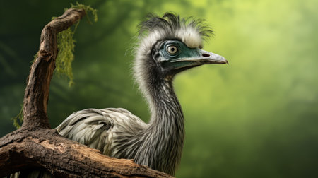 a bird perched on a branch, showcasing exaggerated facial features in a hyperrealistic style reminiscent of prehistoric art. this captivating national geographic photo captures the bird's bill extended, while the dark silver and light green color palette adds depth and intrigue. the image beautifully combines elements of zbrush, eastern brushwork, and animal portraiture. ai generatedの素材