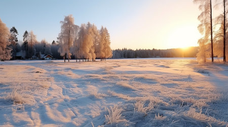 a group of snow-covered trees bathed in sunlight, creating a picturesque scene with a touch of romance. the light violet and light orange hues add a dreamy atmosphere to this 32k uhd photograph by tyko sallinen. capturing the beauty of riverscapes, the golden light enhances the enchanting ambiance. shot with a minolta riva mini, the image showcases a serene landscape with a palette of lightの素材