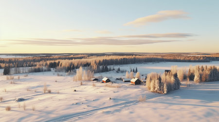 a picturesque winter landscape showcasing a snowy and green countryside adorned with numerous trees and charming farmhouses. this stunning 32k uhd photograph captures the essence of tyko sallinen's artistic style, featuring a blend of dark white and pink hues. the golden light casts an enchanting glow, creating atmospheric horizons. this award-winning image is bathed in a gentle light amber and sky-blue palette. ai generatedの素材