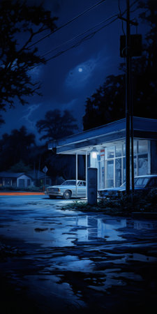a parking lot filled with cars is depicted in this artwork by jason edmiston. inspired by atmospheric landscape paintings, the scene exudes a mysterious nocturnal ambiance. the artist's realistic style brings to life familiar domestic scenes, capturing the essence of the dark, white, and blue tones. clint langley's influence is also evident in the painting. ai generatedの素材