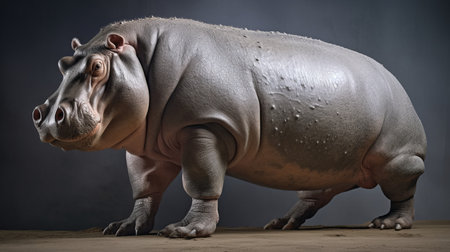 a big hippo stands still, resembling the organic biomorphic forms seen in the style of bill gekas. the photograph captures the details in ultra hd, showcasing the silver and pink hues of the hippo's skin. the image is reminiscent of the artistic style of peter coulson and the unique caffenol developing technique used by moosa al halyan. ai generatedの素材