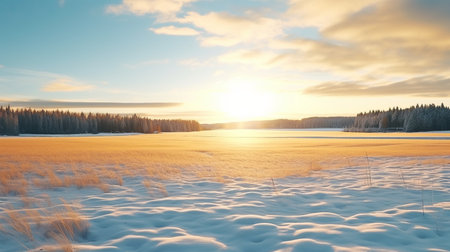 a winter sun illuminates a snow-covered field in this uhd image by tyko sallinen. the realistic landscape features soft edges, with a color palette of blue and amber. this 32k uhd photo captures the beauty of coastal landscapes and serene pastoral scenes. ai generatedの素材