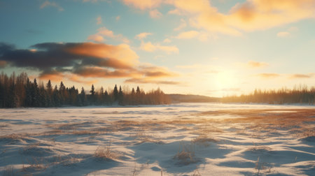a winter scene showcasing trees covered in snow, captured in the stunning 32k uhd resolution. this picturesque view, reminiscent of the serene pastoral scenes by antti lovag, features a harmonious blend of light cyan and amber hues. the atmospheric clouds add to the overall beauty of this nature scene, created using the terragen software. ai generatedの素材