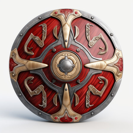 a red viking medieval shield with dragons, created by luke ac using the zbrush style. the shield features hyper-realistic details, with a color palette of light maroon and light gray. the metallic rotation adds to its authenticity. the shield is showcased against a white background, emphasizing its intricate design. this artwork was created using intel core technology and incorporates back button focus. ai generatedの素材