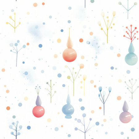 watercolor blossom snowflakes seamless pattern inspired by the style of gary baseman and victor pasmore. this ethereal design features trees, water drops, and simple, colorful illustrations in a dotted, mid-century illustration style. perfect for printing on walls, this pattern adds a touch of whimsy and charm to any space. ai generatedの素材