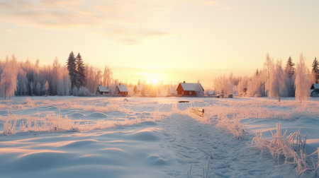 a winter house stands amidst snow-covered trees, bathed in the warm golden light of the setting sun. the scene captures the essence of serene pastoral life, reminiscent of the works of even mehl amundsen. this national geographic photo showcases the beauty of rural landscapes, with a harmonious blend of light red and aquamarine hues. the white and orange accents add a touch of vibrancy toの素材