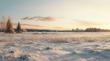 the sun sets over a snow-covered field, creating a serene pastoral scene. the colors in the sky range from light pink to dark beige, while the field is bathed in a soft light turquoise and dark amber. this 32k uhd photograph by anton fadeev captures the beauty of wildlife and showcases a low depth of field. ai generatedの素材