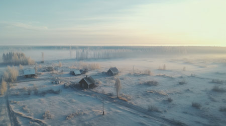 snowy house with frost-covered landscape and houses, capturing the essence of hazy romanticism. this 8k resolution photograph by tyko sallinen showcases a narrative-driven visual storytelling approach. the image features a light azure and light amber color palette, with high horizon lines adding depth to the scene. the photograph also hints at the influence of indigenous culture. ai generatedの素材
