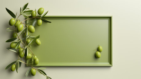 green olives with leaves are elegantly displayed, hanging from a vibrant green frame against a light background. this visually stunning photo captures the essence of 8k 3d and minimalist backgrounds, reminiscent of the artistic styles of edward poynter and sebastian errazuriz. the rectangular fields and matte finish enhance the overall composition, while the rich tonal palette adds depth and allure. ai generatedの素材