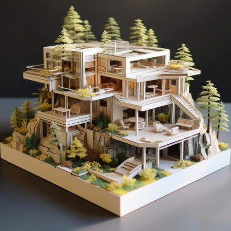 a paper model house shaped like a castle, featuring realistic renderings of the human form in a whistlerian style. this zen-inspired creation showcases multilayered, wood textures and naturalistic renderings, resulting in a captivating display of multilayered realism. ai generatedの素材