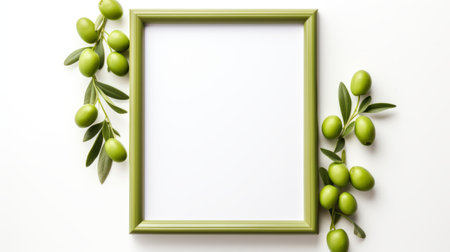 a top view of green olives arranged in a frame, capturing the essence of japanese minimalism and nostalgic post-impressionism. this unique composition showcases a juxtaposition of objects, expertly crafted by artist lilia alvarado. the image is reminiscent of advertising art and is perfect for display in a lightbox. inspired by the works of giotto, this photo is a captivating blend of art and nature. aiの素材