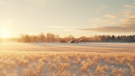 sunrise illuminating a winter landscape, showcasing a picturesque field adorned with trees. this stunning image captures the essence of villagecore aesthetics, reminiscent of the artistic styles of antti lovag and marianna rothen. the 32k uhd quality enhances the beauty of the light pink and light gold hues, creating a serene ambiance. immerse yourself in the charm of rural life scenes, highlighted by the gentle tonesの素材