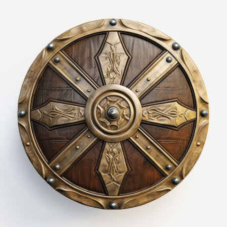 the antique wooden shield 3d model showcases a captivating blend of metallic rotation and fantasy elements. with its light bronze and white color scheme, this model exudes a sense of realism while incorporating interlocking archetypal symbols. packed with hidden details, it draws inspiration from the northern and southern dynasties, with a particular focus on the intricate joints and connections. ai generatedの素材