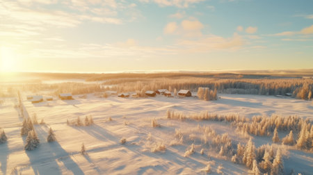 aerial winter scene featuring snow-covered hilltops and a distant village. the image captures the essence of the helsinki school with its anamorphic lens flare effect. the color palette includes light beige and orange tones, creating a cozy cabincore atmosphere. the soft pastel skies add a touch of romance to the idyllic country life depicted in the photo. rtx technology enhances the visual appeal of theの素材