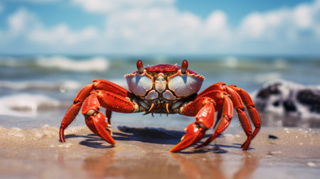 a large crab dominates the frame on a sandy beach, captured in vibrant, high-energy imagery. the photorealistic rendering showcases bold chromaticity with light red and light indigo hues. the crab's strong facial expression adds to the dynamic composition. this tabletop photograph showcases innovating techniques, resulting in a visually striking image. ai generatedの素材