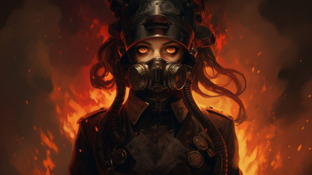 a little girl wearing a gas mask stands amidst a blazing flame in this hyper-detailed portrait. the image showcases elements of realistic art, anime style, traincore, dieselpunk aesthetics, and a dark palette. the dark brown and red tones add to the intense atmosphere, while the inclusion of rtx technology enhances the visual experience. ai generatedの素材