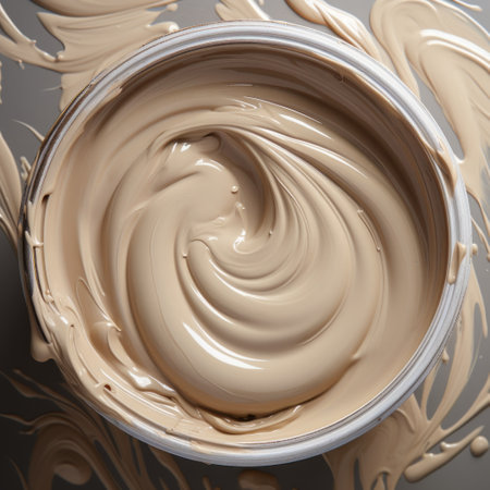 a can of white chocolate product is showcased on a gray surface, featuring fluid abstractions in dark beige and beige tones. the close-up shots capture the saturated pigment pools, highlighting the handcrafted beauty of the product. the strong contours add depth and visual interest to the composition. ai generatedの素材