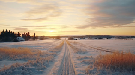 a stunning 32k uhd image captures an ominous and white sunset over the beautiful swedish landscape. the photo showcases a road leading into the distance, surrounded by snow scenes and a celebration of rural life. the light yellow and light pink hues add a touch of serenity to the texture-rich rural landscapes. ai generatedの素材