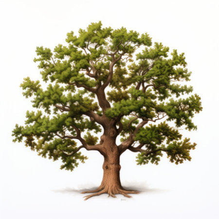 a tree with abundant leaves is depicted against a white background in a hyperrealistic style. the artwork showcases intricate character illustrations, featuring shades of emerald and brown. created by evgeni gordiets, the piece draws inspiration from chinese iconography and exhibits meticulous character design, skillful use of light and shadow. ai generatedの素材