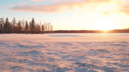 a snow-covered meadow during a cold winter is beautifully captured in this 32k uhd photograph. the sun's reflection creates a stunning display of light pink and light orange hues. the helsinki school's artistic style is evident in the composition, featuring a romantic scenery with sparse backgrounds. the image is further enhanced by the contrasting colors of light turquoise and dark gold, complemented by touches ofの素材