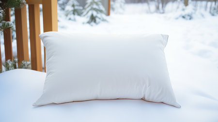 a white pillow rests on a wooden surface, contrasting against the snowy backdrop. the image captures the precisionist lines and soft edges, with blurred details adding a touch of mystery. the light beige hue of the pillow complements the whistlerian aesthetic, reminiscent of en plein air paintings. this 32k uhd photo showcases the beauty of simplicity and nature. ai generatedの素材