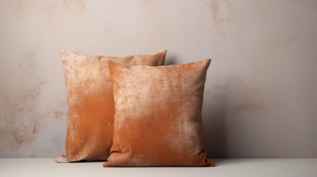 two orange colored pillows, with a style reminiscent of explosive pigmentation, are placed on a wooden table. these photorealistic renderings showcase textured fabrics, reflecting elements of industrial and product design. the pillows have a bronze patina, contrasting beautifully against the white background. the use of earth tones adds warmth and depth to the overall composition. ai generatedの素材