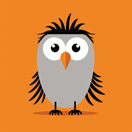 an orange background sets the stage for a whimsical owl in this simplistic vector art. the silver and gray tones add a touch of elegance to the playful character design. this high-resolution image captures the essence of a whimsical children's book illustrator, with its sharp, prickly yet minimalist style. ai generatedの素材